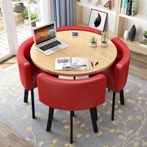 Rundes Esstisch-Set mit 4 Stühlen – kleine Bürokonferenzraum-Tische und Stühle für moderne Freizeit-Esszimmermöbel (Farbe: PU-Rot) von Generisch