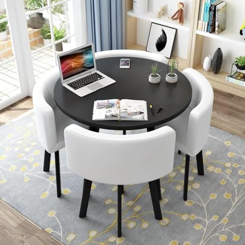 Rundes Esstisch-Set mit 4 Stühlen – kleine Bürokonferenzraum-Tische und Stühle für moderne Freizeit-Esszimmermöbel (Farbe: PU-Weiß) von Generisch