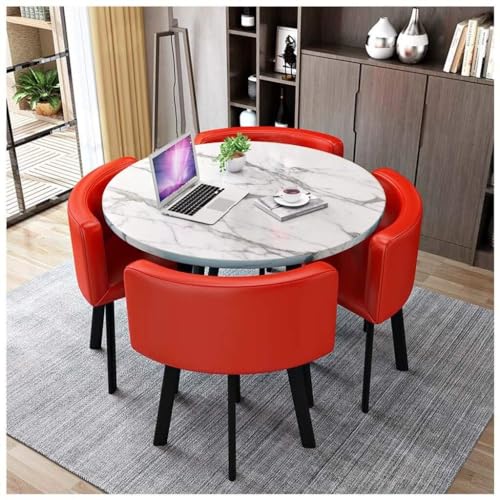 Rundes Esstisch-Set mit 4 Stühlen – kleine Bürokonferenzraum-Tische und Stühle für moderne Freizeit-Esszimmermöbel (Farbe: Rot, Größe: 80 cm) von Generisch