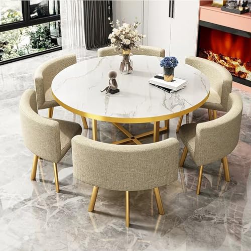 Rundes Esstisch-Set mit 6 Stühlen, stilvoller Konferenz- und Empfangstisch aus Leinen, Aprikose, modernes schlichtes Design, für Zuhause und Büro, Esszimmer Rundes Esstisch-Set mit 6 Stühlen, stilvoller Konferenz- und Empfangstisch aus Leinen, Aprikose, modernes schlichtes Design, für Zuhause und Büro, Esszimmer von Generisch