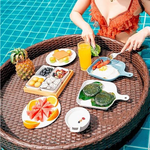 Rundes Rattan-gewebtes Serviertablett Rattan schwimmendes Frühstückstablett mit Griffen, schwimmendes Serviertablett Pooltablett Tisch, für Erwachsene für Sandbänke Spas Bad und Partys von Generisch