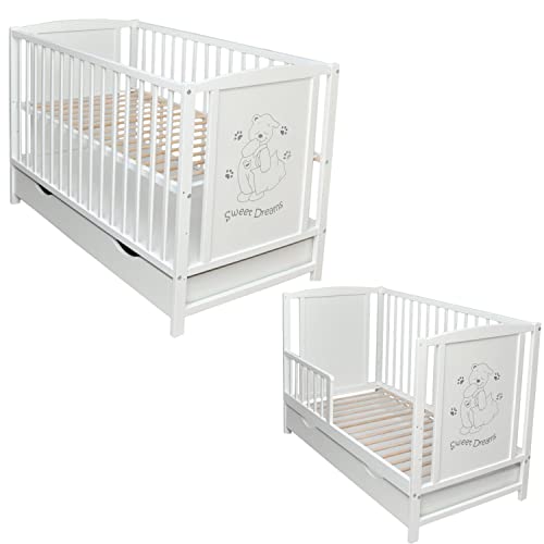 Dedstore-Baby Bett Gitterbett Kinderbett Babybett Schutzgitter 2in1 weiß 120x60 Bärchen Schublade Neu Sweet Dreams von Dedstore Baby