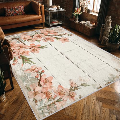 Rustikal Blumen Teppich Groß Wohnzimmer 200x300 Waschbar Mit Muster Kirschblüten Beige Rosa Teppiche Gegend Schlafzimmer Deko & Wohnaccessoires, Kurzflor Teppich Weich rutschfest, FD2655 Rustikal Blumen Teppich Groß Wohnzimmer 200x300 Waschbar Mit Muster Kirschblüten Beige Rosa Teppiche Gegend Schlafzimmer Deko & Wohnaccessoires, Kurzflor Teppich Weich rutschfest, FD2655 von Generisch