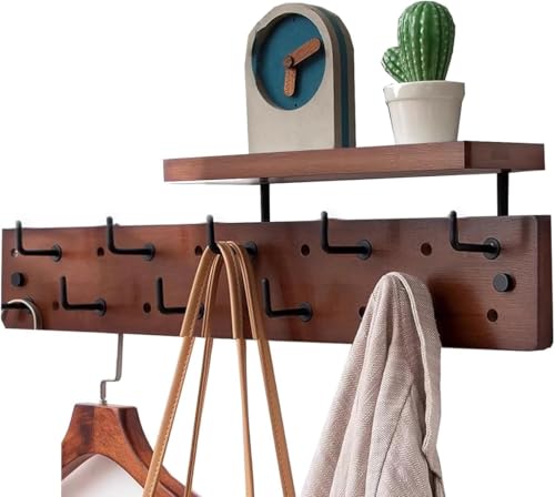 Rustikale Wandgarderobe mit Ablage – 10 Haken für Eingangsbereich, Badezimmer oder Schlafzimmer – stilvolles braunes Schweberegal und Nizer von Generisch