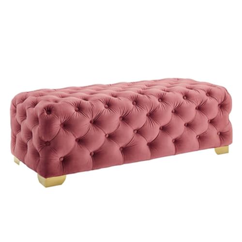 Rustikale gepolsterte Eingangsbank mit Knöpfen, vielseitige Fußstütze, Ottomane für Schlafzimmer, Wohnzimmer oder Fenstersitz, rosa Stoff (110 x 45 x 40 cm) von Generisch