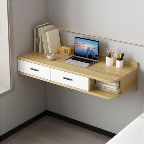 Rustikales Schwebendes Wandregal aus Holz mit 2 Schubladen, Wandmontage, Nachttisch und offener Stauraum für Schlafzimmer, Wohnzimmer, Büro (Khaki-Weiß, 100 cm) von Generisch