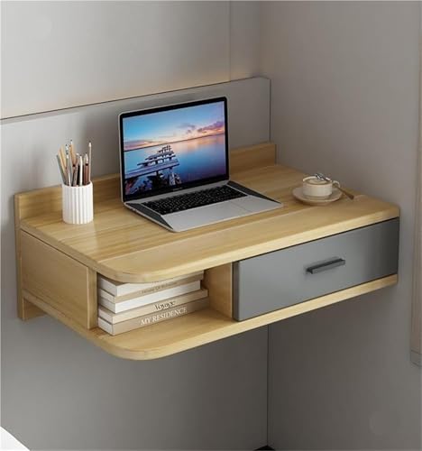 Rustikales schwebendes Wandregal aus Holz mit 2 Schubladen, stilvoller Nachttisch zur Wandmontage und offener Stauraum für Schlafzimmer, Wohnzimmer, Büro, Khaki-Grau (80 cm) von Generisch