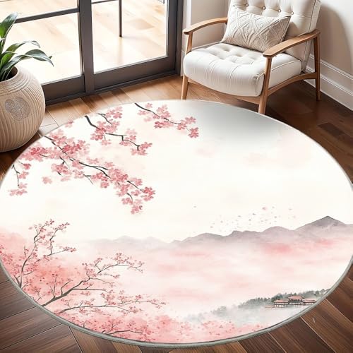 Rutschfest Waschbar Wohnzimmer Runder Teppich Durchmesser 200cm, KirschblüTen-Aquarellmalerei Im Japanischen Stil Teppich Rund Kurzflor Flanell Rug Rosa für Esszimmer Badezimmer Küche Flur Läufer Rutschfest Waschbar Wohnzimmer Runder Teppich Durchmesser 200cm, KirschblüTen-Aquarellmalerei Im Japanischen Stil Teppich Rund Kurzflor Flanell Rug Rosa für Esszimmer Badezimmer Küche Flur Läufer von Generisch