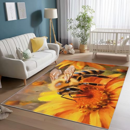 Rutschfester Teppich 140 x 200 cm, Waschbar Kurzflor Teppich mit Tier Biene Blume Motiv - Gelb Drucke Faltbare weiche Teppiche für Kinderzimmer Wohnzimmer MatteEingangsbereich von Generisch