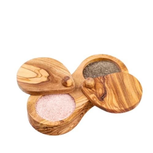 M’zaytouna Gewürzbehälter aus Olivenholz – Doppelfach-Salz- und Pfefferdose mit Deckel – 100 % Bio, handgefertigt, rustikal, antibakteriell & langlebig, aus reinem Olivenholz von Generisch