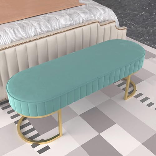 Samt-Aufbewahrungsbank, gepolsterter Eingangssitz, goldfarbene Beine, Fenster, Sofa, Schuhregal, Ottomane, Fußstütze für Wohnzimmer, Schlafzimmer, Flur (Blau, 140 cm) von Generisch