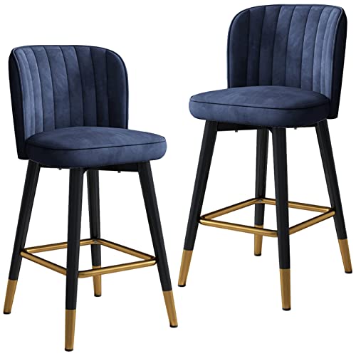 Samt Drehbarer Hochstuhl Barhocker 2er Set Blau Thekenbarhocker mit schwarzen Beinen und Gold Chrom Fußstütze 65cm Sitzhöhe für Home Küche oder Empfangsbereich von Generisch