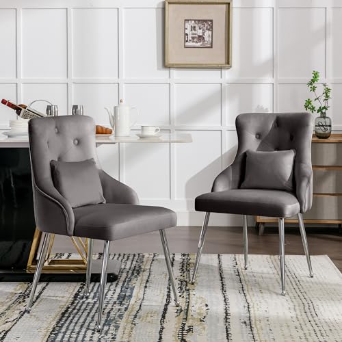 Samt Esszimmerstuhl 2er Set Licht Luxus Wohnzimmer Schlafzimmer Drehstuhl mit Metallstützbeinen Dunkelgrau Einzelstuhl Freizeit Drehstuhl von Generisch
