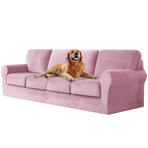 Samt Sofa Schonbezug Set Stretch Waschbar Couchbezug für 4-Sitzer rutschfeste Möbelschoner mit Kissenbezügen Rosa 9 Stück von Generisch