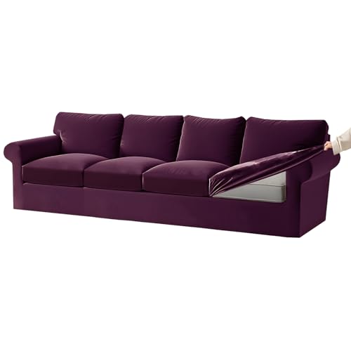 Samt-Stretch-Sofabezug mit separaten Sitzkissen und Rückenlehnen, Gummiband, Schonbezüge für 4-Sitzer Ektorp Sofa (lila) von Generisch