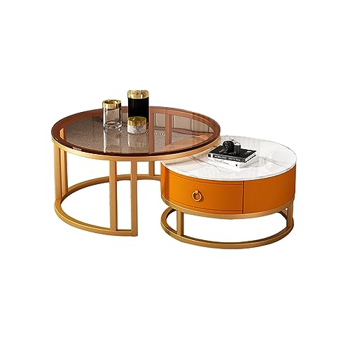 Satztisch, 2er-Set, Couchtisch, Glas-Couchtisch, Schiefer-Tischplatte, Metallrahmen, moderner Mitteltisch mit Aufbewahrungsschubladen, minimalistischer Couchtisch für Wohnzimmer (G von Generisch