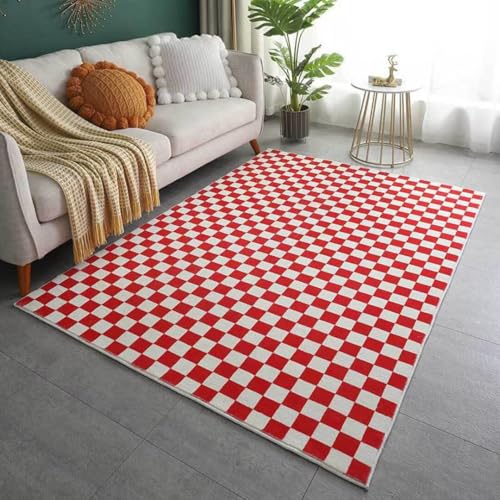 Schachbrett-Teppich für Wohnzimmer, Schlafzimmer, Retro, modern, Sofa, Couchtisch, Nachttisch, Bodenmatte, geometrisches Gitter, großer Teppich, gemütlicher Plüsch-Teppich mit rutschfester Unterseite von Generisch