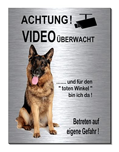Schäferhund-Videoüberwachung-Hund-Schild-200 x 150 x 3 mm-Aluminium Edelstahloptik-Hunde-Tierschild-Warnschild-Hinweisschild (Silber 249-17 mit 2 Löcher mittig) von Generisch