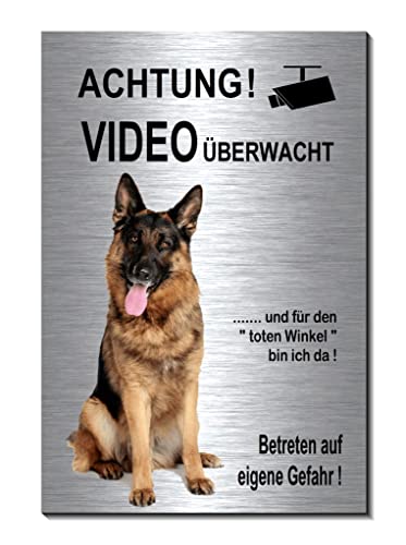 Schäferhund-Videoüberwachung-Hund-Schild-Hundeschild-150 x 100 x 3 mm-Aluminium Edelstahloptik-Hunde-Tierschild-Warnschild-Hinweisschild (1905-110 mit Klebepads) von Generisch