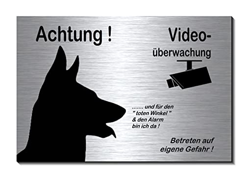 Schäferhund-Videoüberwachung-Hund-Schild-Hundeschild-150 x 100 x 3 mm-Aluminium Edelstahloptik-Hunde-Tierschild-Warnschild-Hinweisschild (silber 1905-116 mit 2 Löcher) von Generisch