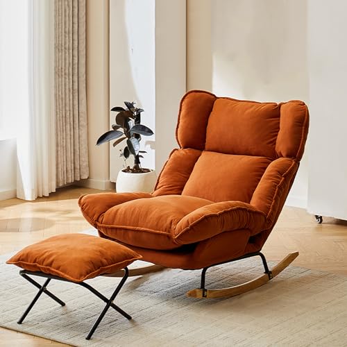 Schaukelsessel Schaukelstuhl Schaukelstühle Stillstuhl Schwingsessel Stillsessel Babyzimmer Lehnstühle Relaxsessel Liegen mit Verstellbarer Rückenlehne für Büro Wohnzimmer (mit Fußstütze, Orange) von Generisch