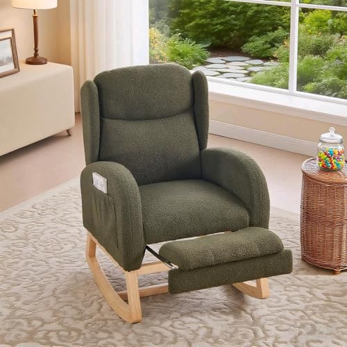 Schaukelstuhl mit verstellbarer Fußstütze & hoher Rückenlehne,Bequemer Lounge-Sessel aus Holz mit Teddy-Stoff, Aufbewahrungstasche – Relaxstuhl für Wohnzimmer, Schlafzimmer, Balkon oder Garten (Green) von Generisch