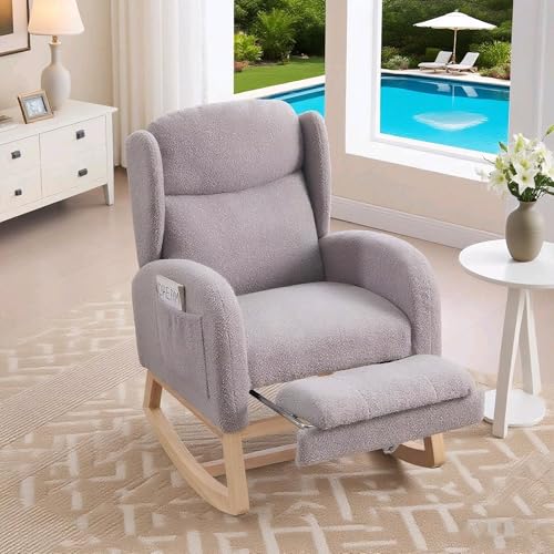 Schaukelstuhl mit verstellbarer Fußstütze & hoher Rückenlehne,Bequemer Lounge-Sessel aus Holz mit Teddy-Stoff, Aufbewahrungstasche – Relaxstuhl für Wohnzimmer, Schlafzimmer, Balkon oder Garten (Grey) von Generisch