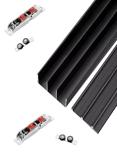 Schiebetürschienen-Set, 3-Schienen-Gleitschienenprogramm ohne Nut for Kleiderschränke, Schiene aus Aluminiumlegierung for Schränke, Trennwand-Türpaneele(Black,150cm/4.9ft) von Generisch