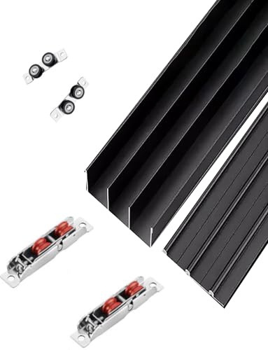 Schiebetürschienen-Set for Schränke, 3-Schienen-Schiebetüren for Kleiderschränke, Schiebetüren mit Holzpaneelen, Aluminium-Türschiene ohne Nut(Black,L 180cm/5.9ft) von Generisch
