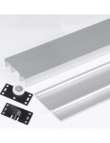 Schienen-Schiebetürrollen, Tragkraft 27,2 kg, verstellbare Räder for Kleiderschrank-/Schrank-/Glastüren, Ersatzsatz for obere und untere Schiene mit geräuschlosem Gleiten(Silver,190cm/6.2ft) von Generisch