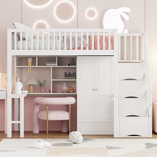 Schlafbett, 90 x 200 cm, Treppe mit Stauraum, Schreibtisch, großer Kleiderschrank, Absturzsicherung, Lattenrost, Einzelbett für Jugendliche oder Erwachsene, weiß von Generisch