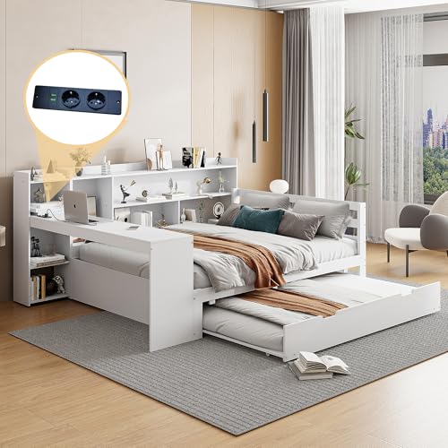 Schlafsofa aus Massivholz mit Ausziehbett, integriertem Schreibtisch, Bücherregalen & Steckdosen – 140x200 cm, Weiß/Grau, Platzsparend & Multifunktional für Wohnung & Gästezimmer Schlafsofa aus Massivholz mit Ausziehbett, integriertem Schreibtisch, Bücherregalen & Steckdosen – 140x200 cm, Weiß/Grau, Platzsparend & Multifunktional für Wohnung & Gästezimmer von Generisch