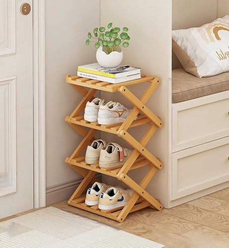 Schlankes faltbares Schuhregal aus Holz in X-Form – 4-stöckiges platzsparendes Design für Flur und Schlafzimmer – einfache Montage – leichte hellbraune Oberfläche perfekt für kleine Räume von Generisch