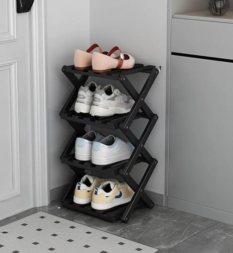Schlankes faltbares Schuhregal aus Holz in X-Form – mehrschichtige, platzsparende Aufbewahrung für Flur und Schlafzimmer – einfaches Design ohne Installation (Schwarz, 4 Ebenen) von Generisch