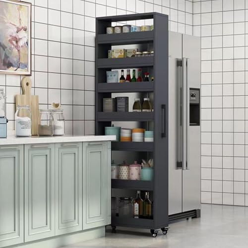 Schmaler Aufbewahrungswagen, Küchenrollwagen, schmaler Aufbewahrungsschrank mit Griff & Rädern, Gewürzregal aus Holz für kleine Räume, Speisekammerregal neben dem Kühlschrank von Generisch