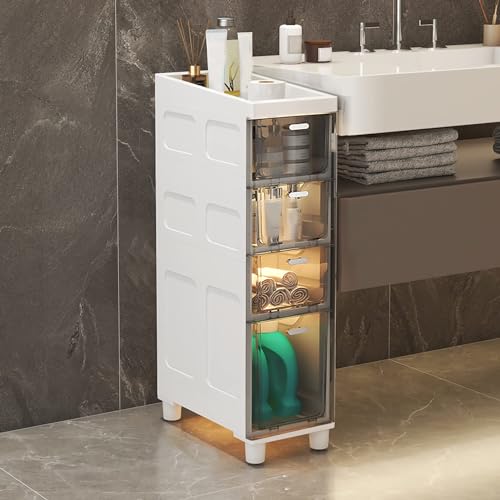 Schmaler Badezimmer-Aufbewahrungsschrank, 17,8 cm und 22,9 cm breit, hoher Boden-Organizer mit transparenten Kunststoff-Schubladen, Rollen, 3 Etagen, transparent, grau, Toilettenpapierhalter Schmaler Badezimmer-Aufbewahrungsschrank, 17,8 cm und 22,9 cm breit, hoher Boden-Organizer mit transparenten Kunststoff-Schubladen, Rollen, 3 Etagen, transparent, grau, Toilettenpapierhalter von Generisch