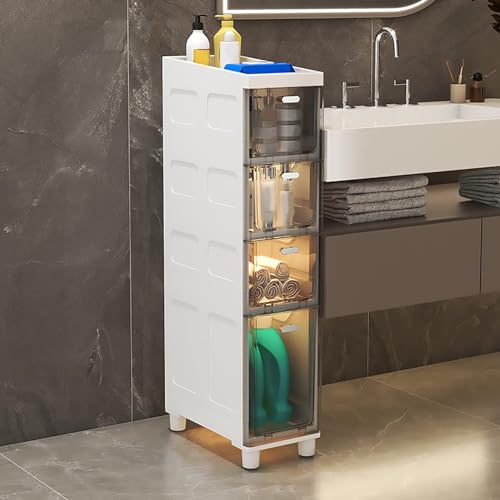 Schmaler Badezimmer-Aufbewahrungsschrank für Toilettenpapier, 17,8 cm und 22,9 cm breit, hoher Bodenschrank mit transparenten Kunststoff-Schubladen, Roll-Organizer, 4 Etagen, transparent, grau Schmaler Badezimmer-Aufbewahrungsschrank für Toilettenpapier, 17,8 cm und 22,9 cm breit, hoher Bodenschrank mit transparenten Kunststoff-Schubladen, Roll-Organizer, 4 Etagen, transparent, grau von Generisch