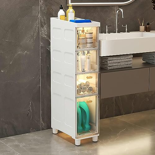 Schmaler Badezimmer-Bodenschrank mit stapelbaren Schubladen, Toilettenpapierhalter, schmales hohes Design mit transparenten Kunststoff-Schubladen und Rollrollen für eine individuelle Aufbewahrung Schmaler Badezimmer-Bodenschrank mit stapelbaren Schubladen, Toilettenpapierhalter, schmales hohes Design mit transparenten Kunststoff-Schubladen und Rollrollen für eine individuelle Aufbewahrung von Generisch