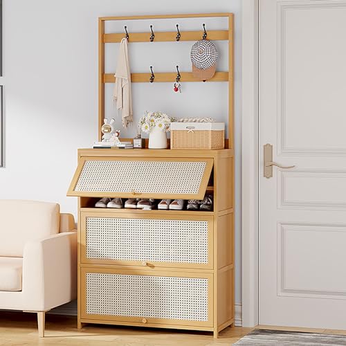 Schmaler Bambus-Schuhschrank mit Garderobenablage, freistehende Kommode mit 3 Klapptüren, moderner Rattan-Akzentschrank für Eingangsbereich, Wohnzimmer, natürliche Farbe, 80 x 32 x 188 cm (L x B x H) von Generisch