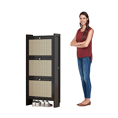 Schmaler Rattan-Schuhschrank – freistehendes Schuhregal aus Holz mit herunterklappbaren Ablagen, stilvolle Rattan-Tür für kleine Räume und Flure Schmaler Rattan-Schuhschrank – freistehendes Schuhregal aus Holz mit herunterklappbaren Ablagen, stilvolle Rattan-Tür für kleine Räume und Flure von Generisch