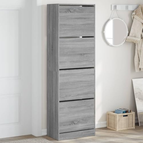 Schmaler Schuhschrank, hoch und schmal, 4 Klappschubladen für Flur, Eingangsbereich und Wohnzimmer, 60 x 34 x 187,5 cm (Graue Eiche) von Generisch