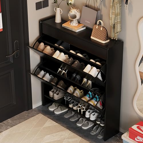 Schmaler Schuhschrank aus Holz, schmal, schwarz, mehrschichtiger Klappschrank mit großer Schublade und offenen Regalen für Eingangsbereich und Haustür (100,1 cm) – stilvolles Schuhregal von Generisch