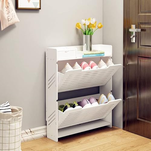Schmaler Schuhschrank mit 3 Klappschubladen, freistehend, weiß, Schuhregal für Eingangsbereich und Flur, platzsparende Aufbewahrungslösung mit oberer Ablage für kleine Räume (kleine 2 Etagen) von Generisch