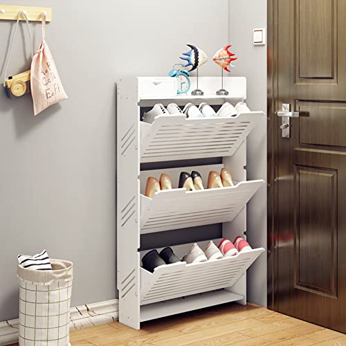 Schmaler Schuhschrank mit 3 Klappschubladen, freistehend, weiß, Schuhregal für Eingangsbereich und Flur, platzsparende Aufbewahrungslösung mit oberer Ablage für kleine Räume (kleine 2 Etagen) von Generisch