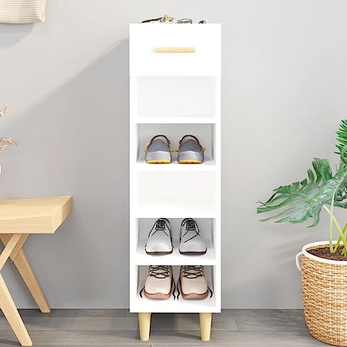Schmaler Schuhschrank mit 5 Ebenen, mit Schublade, freistehendes Schuhregal und offene Regale für Flur, Eingangsbereich, Wohnzimmer, stilvolle Holzbeine, modernes weißes Design von Generisch