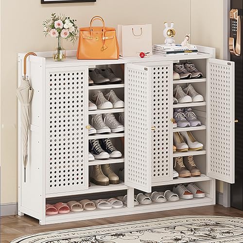 Schmaler weißer Bambus-Rattan-Schuhschrank, stilvoller Schuhschrank und Regal für Wohnzimmer oder Schlafzimmer, platzsparendes Design, 120 x 32 x 93 cm von Generisch