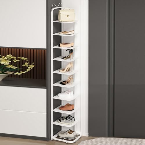 Schmales vertikales Schuhregal mit 10 Ebenen, schmaler Schuhschrank für den Eingangsbereich, platzsparendes Schuhturm-Regal (Farbe: Bianco, Größe: hoch) von Generisch