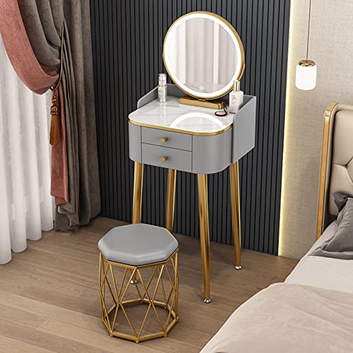 Schminktisch-Set, modern, grau, mit verstellbarem LED-beleuchtetem Spiegelhocker und 2 Schubladen, ideal für Schlafzimmer oder Ankleidezimmer, L: 50 cm von Generisch