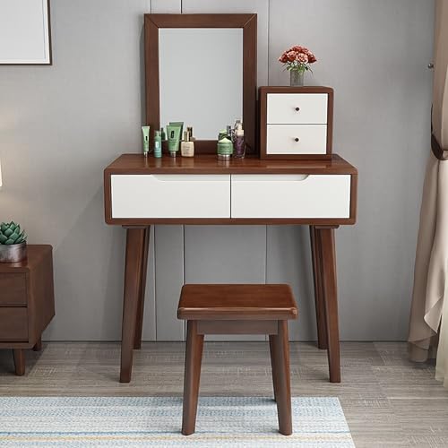 Schminktisch-Set aus Walnussholz, mit Spiegel gepolstertem Hocker und Schublade, kompakter Schminktisch für Schlafzimmer, 80 x 40 x 75 cm, stilvolle und funktionale Aufbewahrungslösung von Generisch