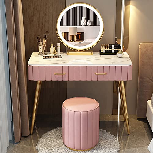 Schminktisch-Set mit 3-farbigem LED-beleuchtetem Spiegel und gepolstertem Hocker, stilvoller Schlafzimmer-Schreibtisch für Frauen, Massivholzaufbewahrung mit Trennwand für Sie (Größe: 100 cm von Generisch